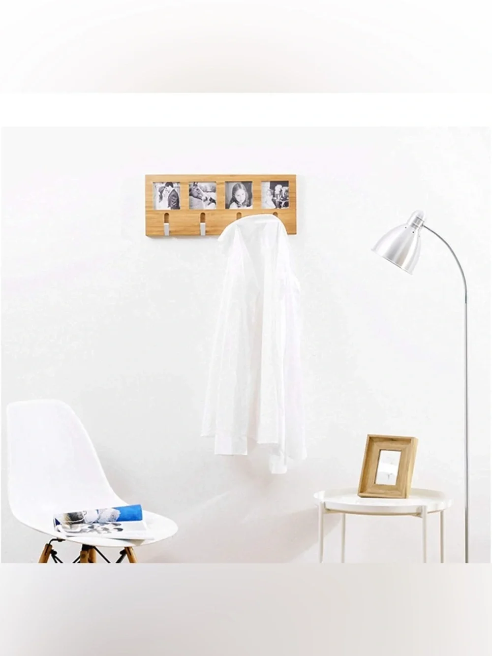 New in plastic 4 Wooden Photo Frame Coat Rack in Natural white tan wood